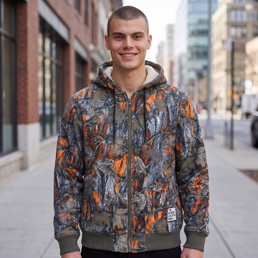Ecko Unltd Mens Tangerine Woodland Camo Sherpa Lined Zip Hoodie EO350768 Medium